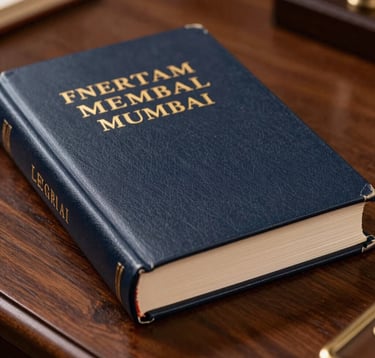 A luxury close-up of a hardbound legal book with gold-embossed typography on a dark navy cover, lying on a polished mahogany surface in a sophisticated law office in Mumbai. The lighting is soft and focused, highlighting the premium texture of the leather binding.