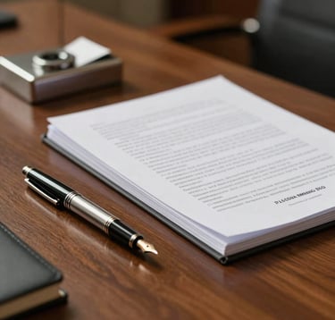 A professional desk setting in a high-rise Indian law firm, featuring a polished wooden surface with a high-end fountain pen, silver paperweight, and thick legal documents under warm, focused study lighting.