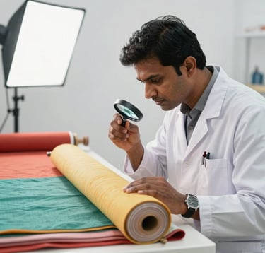 A professional quality assurance scene where a South Asian / Indian textile expert in a clean white environment inspects a roll of vibrant fabric using a magnifying tool under bright, clean white studio lighting.