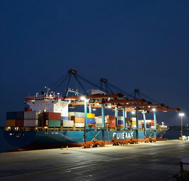 A wide-angle shot of a modern, clean shipping terminal at dusk with cargo ships being loaded; the lighting is a cinematic blend of deep navy sky and teal harbor lights, conveying global reach and efficiency.