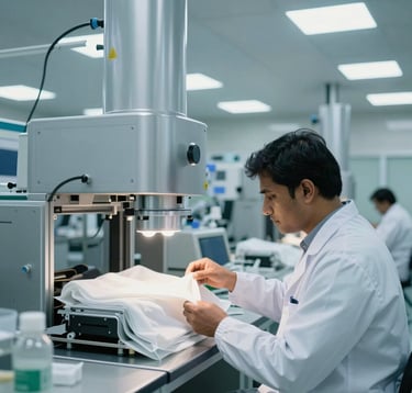 A high-end, bright photography shot of a professional quality control laboratory in a South Asian manufacturing plant. A technician in a white coat is inspecting high-performance PPE fabrics under cool white lighting. The environment is sterile, modern, and high-tech, featuring metallic silver equipment.