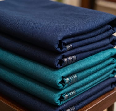 Close-up macro photography of premium Indian silk and cotton fabrics in deep navy and teal shades, stacked neatly in a high-end showroom in Surat, soft natural lighting highlighting the intricate weave.