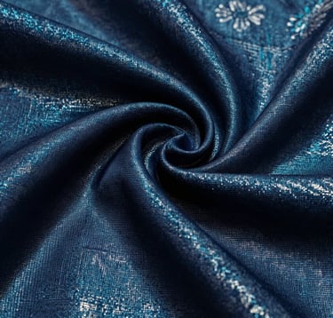 A close-up, macro photograph of high-quality Indian silk fabric in a deep navy and teal weave. The texture is shimmering and luxurious, with silver metallic threads catching the light. The composition is artistic and emphasizes the craftsmanship and premium quality of the textile.