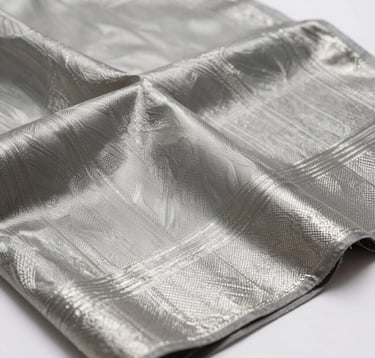 Close-up macro photography of high-quality Indian silk and cotton textiles, showing intricate thread patterns and metallic silver finishes, draped elegantly in a bright, modern studio.