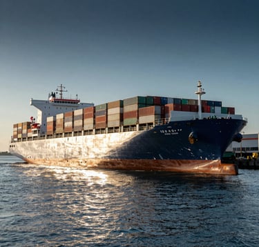 A high-end photography shot of a massive container ship departing a modern industrial port at sunrise. The water reflects a silver metallic sheen, and the sky is a gradient of deep navy and teal, symbolizing global reach and expansive logistics.