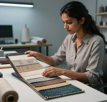 A South Asian / Indian textile designer in a clean, modern workspace examining high-end fabric samples under cool studio lighting, focusing on texture and quality.