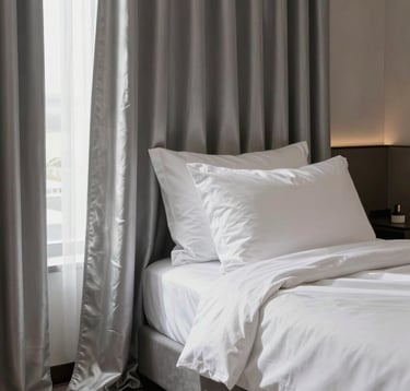 Photography of a luxury, ultra-modern hotel suite interior featuring premium South Asian home textiles. Elegant silver-toned silk curtains and crisp white cotton linens are displayed with soft, natural morning light. The composition is clean and minimalist, highlighting the rich texture of the fabrics.