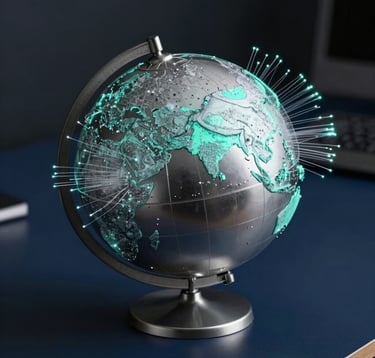 A conceptual, high-contrast photograph of a sleek metallic silver globe sitting on a dark navy blue desk. Soft teal light highlights India on the globe, with glowing fiber-optic lines extending outward to represent global trade routes. The style is premium, professional, and globally connected.