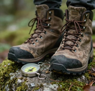 Close-up of a pair of well-worn leather hiking boots and a compass on a mossy stone. The image reflects durability and trust, utilizing the brand palette of #A1775E and #D3B386 in a natural, soft-focus forest setting.