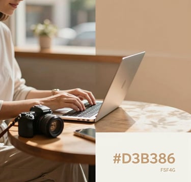 A person sitting on a wooden bench in a cozy, sun-drenched cafe, typing on a laptop with a digital camera nearby. Elegant and personal atmosphere, with warm tones from the brand palette #D3B386 and #F8F4EF highlight.