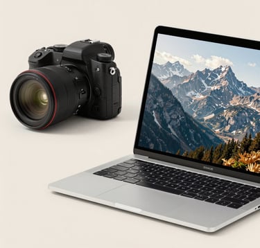 A creative composition of professional photography gear and a laptop displaying a stunning mountain landscape. The scene is elegant and clean, with a focus on #F8F4EF and #A1775E tones.