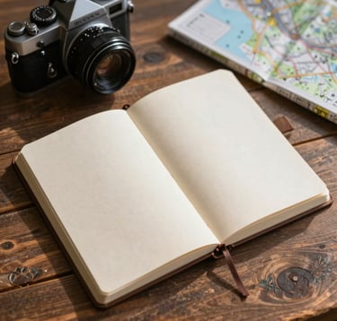 A close-up, top-down shot of an open travel journal, a vintage camera, and a local map on a rustic wooden table. Warm sunlight filters through, creating soft shadows. Colors include #D3B386 and deep wood tones.