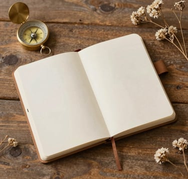 A top-down view of an open traveler's notebook on a rustic wooden table, surrounded by a compass and small dried flowers. The aesthetic is organic and personal, featuring the brand's earthy browns and creams.