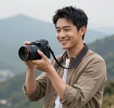 A natural, candid portrait of a travel blogger holding a professional camera and smiling. He is wearing an earth-toned shirt (#4A3D36) against a soft, blurred mountain background.