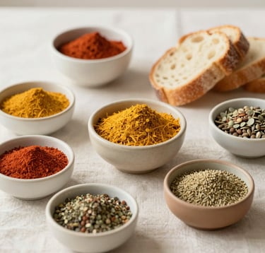 A flat lay of artisanal ceramic bowls filled with colorful local spices and fresh bread on a light linen tablecloth. The composition is bright and inviting, using the brand colors #F8F4EF and #D3B386.