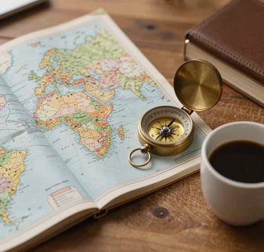 A close-up flat lay of a traveler's desk with an open map, a vintage brass compass, and a cup of coffee. The wooden textures use #4A3D36 and #A1775E, creating a warm, cozy feel.