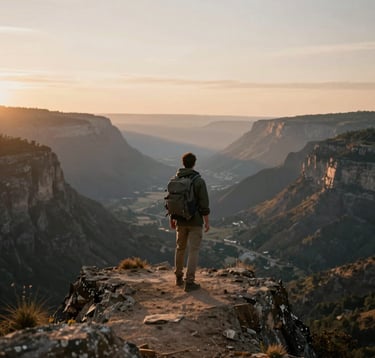 A travel blogger with a backpack standing on a cliff edge overlooking a vast valley at dawn. The atmosphere is quiet and majestic, using earth tones like #A1775E and #4A3D36 to convey a sense of adventure and professional storytelling.