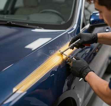 A close-up of a professional 'Varillero' at work, using specialized PDR tools on a navy blue (#0A1E3C) vehicle. A reflector board with straight lines is visible on the glossy car surface, showing the perfect alignment of the repair. Warm golden lighting (#E7C670) highlights the professional craftsmanship.