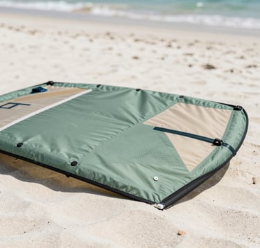 Close-up, editorial-style shot of kiteboarding equipment lying on a pristine white sand beach. The textures of the fabric and the sand are sharp. Colors include sage green accents (#7E8A7F) and warm beige shadows (#DDCAB8). Sophisticated, calm, and professional photography.