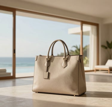An editorial luxury travel scene. A minimalist designer bag sits on a polished floor in a bright, modern villa with sand-colored walls. Large windows reveal a glimpse of a tropical horizon. The lighting is soft and golden, suggesting a high-level global lifestyle.