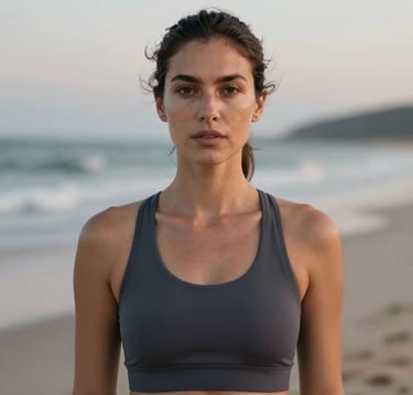 A close-up, magnetic portrait of a woman with a calm, authoritative expression. She is wearing high-end minimalist athletic wear in dark slate #2C3539. The background is a soft-focus beach at twilight, emphasizing a lifestyle of strategic freedom.