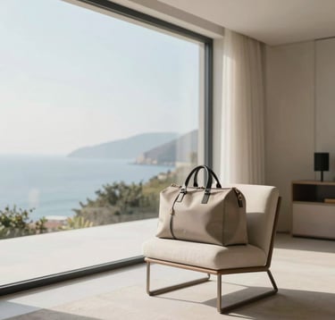 A minimalist luxury interior of a modern villa overlooking a coastal landscape. A neutral-toned travel bag sits on a designer chair. Soft morning light, sharp lines, and a sense of refined global movement. Palette features #FAF8F5 and #DDCAB8.
