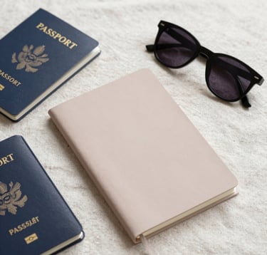 A minimalist editorial flat-lay of travel essentials: a high-end passport holder, a strategic notebook, and a pair of designer sunglasses on a textured linen surface. Colors: #FAF8F5, #2C3539, and #DDCAB8. Soft side-lighting.