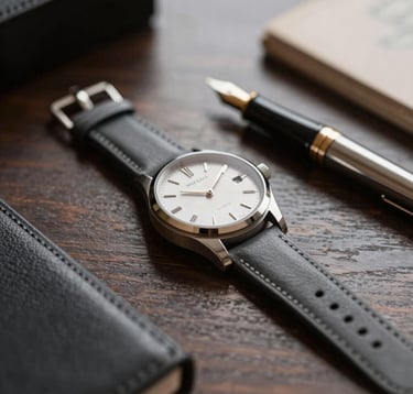A close-up of a high-end designer watch and a fountain pen resting on a dark, polished wood table. The scene is lit with sophisticated, low-key lighting highlighting textures of metal and leather. Tones of #2C3539 and #FAF8F5.