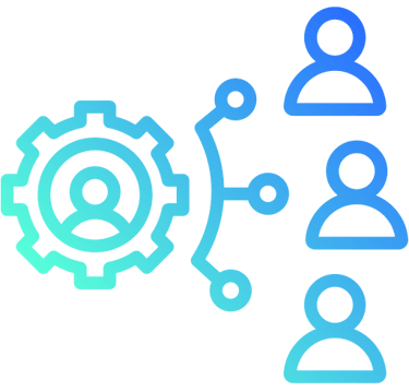 Gear with connected people icons representing team coordination and workflow management