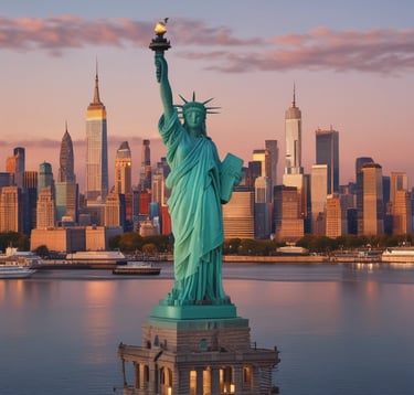 a statue of liberty in front of a city skyline