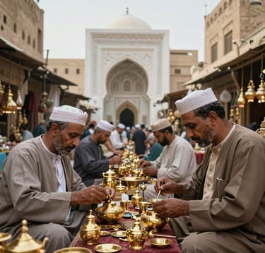 A professional photograph of a bustling, vibrant North African / Egyptian traditional market in Cairo. Artisans are seen working with gold-colored metal, with intricate Alabaster White stone architecture in the background.