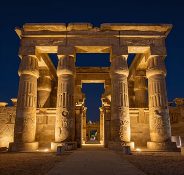 A high-end travel photograph of the Luxor Temple columns at night, illuminated with glowing Desert Sand light against a Deep Navy sky. The composition is symmetrical and grand, emphasizing ancient Egyptian architecture.