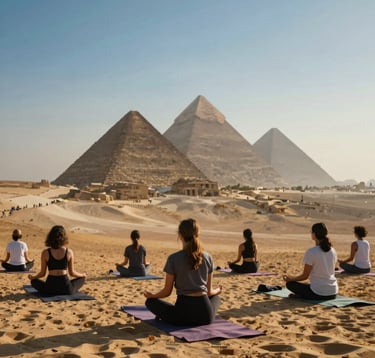 A peaceful outdoor yoga and meditation session at sunrise with a distant, blurred view of the Giza pyramids in a North African / Egyptian desert setting. The atmosphere is hazy and spiritual, using soft Desert Sand and Deep Nile Blue tones in the shadows.