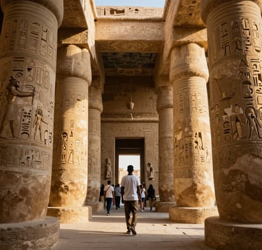 The interior of a grand Luxor temple at sunrise, with Ancient Gold light hitting hieroglyphics on massive columns, and a North African / Egyptian guide leading a tour.