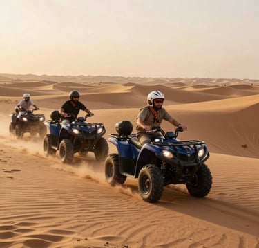 High-action photography of travelers on quad bikes racing across the Sahara dunes during the golden hour, with a North African / Egyptian desert horizon in the background.