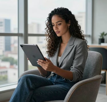 A medium shot of a stylish South American Brazilian influencer in a luxury loft in São Paulo, looking at a premium tablet while sitting on a designer chair. The composition is balanced and clean, showing large windows with a soft city bokeh in the background. The atmosphere is professional and charismatic, with a color palette of cool greys and deep blues.
