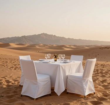 An elegant outdoor dining set-up in the Agafay desert under a golden sand tan sky. Luxury white linens contrast with the earthy ground. In the distance, the Atlas Mountains are visible under a soft haze.