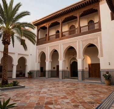 A high-detail photography shot of a traditional Moroccan riad's courtyard at dawn. Walls are Creamy Alabaster with intricate Soft Sand stone carvings. The floor is covered in Warm Terracotta zellige tiles. Lush green palms contrast with the Deep Espresso wooden balconies. Peaceful, sophisticated lighting.