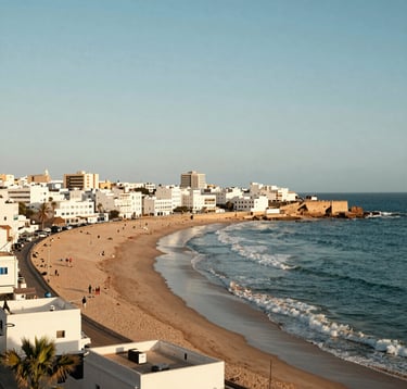 Coastal panoramic view of Agadir, where the white architecture of the city meets the sandy beige shoreline and the soft turquoise Atlantic waves under a golden sun.
