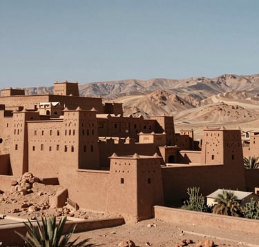 A majestic wide shot of a Kasbah built from Soft Sand clay, situated at the foot of the Atlas Mountains. The sky is clear, and the lighting is crisp. The architecture shows traditional Moroccan battlements and textures in Deep Espresso and Soft Sand tones. Professional travel photography.
