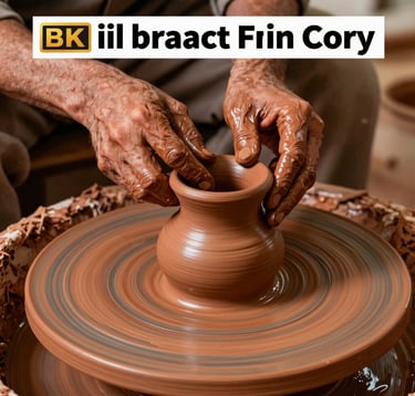 A close-up photograph of hands working on traditional Moroccan pottery in a workshop. The clay is a rich terracotta brown, and the lighting is soft and natural, emphasizing the texture of the material and the artisan's skill.