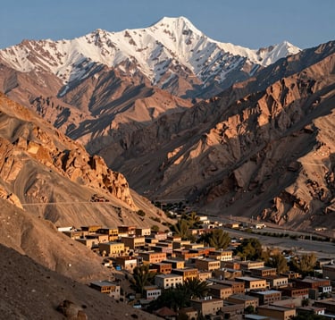 A majestic view of the Atlas Mountains, with rugged peaks in earthy copper tan and snowy summits. A small traditional village is nestled in the valley below, showcasing rich cultural tapestry in the late afternoon sun.