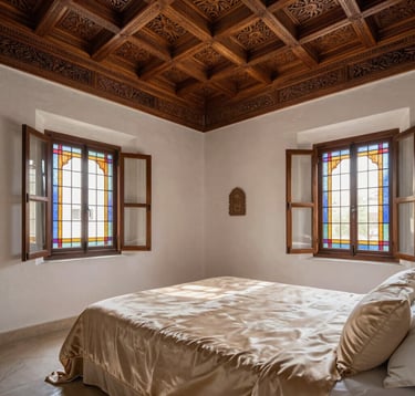 An elegant riad bedroom interior with hand-carved cedar wood ceilings in espresso brown, sandy beige silk linens, and soft light filtering through stained glass windows.