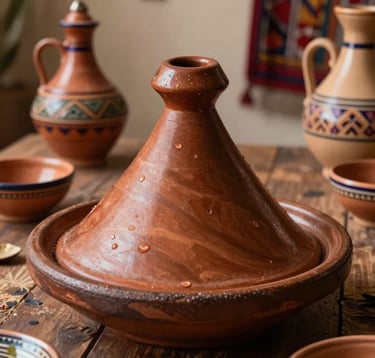 Close-up of traditional Moroccan tagine on a table with dark espresso brown wood, surrounded by colorful local pottery and textiles in earthy copper tan and almond tones.