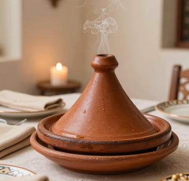 An intimate, elegant close-up of a Moroccan dinner table. A steaming tajine sits on a Warm Terracotta plate. Deep Espresso wooden accents and Soft Sand napkins create a sophisticated palette. Soft candlelight reflects off the Creamy Alabaster walls in the background.