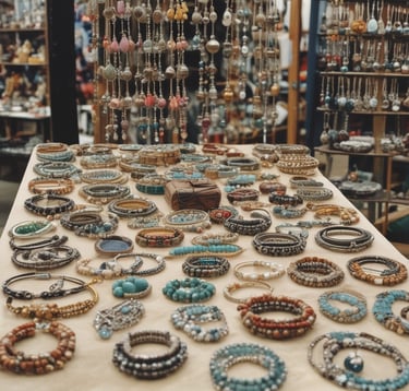 Handmade beaded bracelets and bohemian jewelry displayed on a table at an artisan craft market.