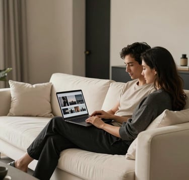 A refined scene in a North American / European luxury home where a couple is sitting on a crisp off-white sofa, viewing their photography gallery on a laptop. The room is decorated in a minimalist style with soft warm beige and dark charcoal elements. The lighting is warm and inviting, creating a trustworthy and sophisticated atmosphere.