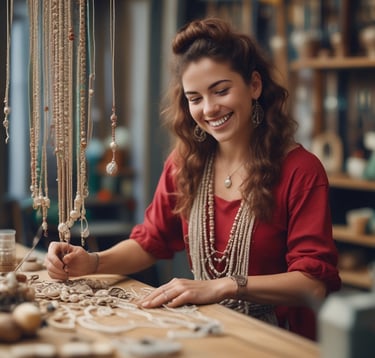 Diseñadora artesanal de joyería sonriente, creando collares de cuentas hechos a mano en un taller 