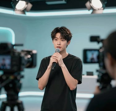 A high-definition video still of a talent performance during a casting call. Professional studio lighting with soft teal highlights (#74A8AE) reflecting off camera lenses. The scene captures the intersection of technology and human emotion in a sleek, modern studio environment.