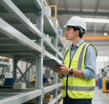 A professional engineer wearing a high-visibility vest and hard hat stands in a bright, modern US manufacturing facility. They are holding a digital tablet and looking over a large steel structure.